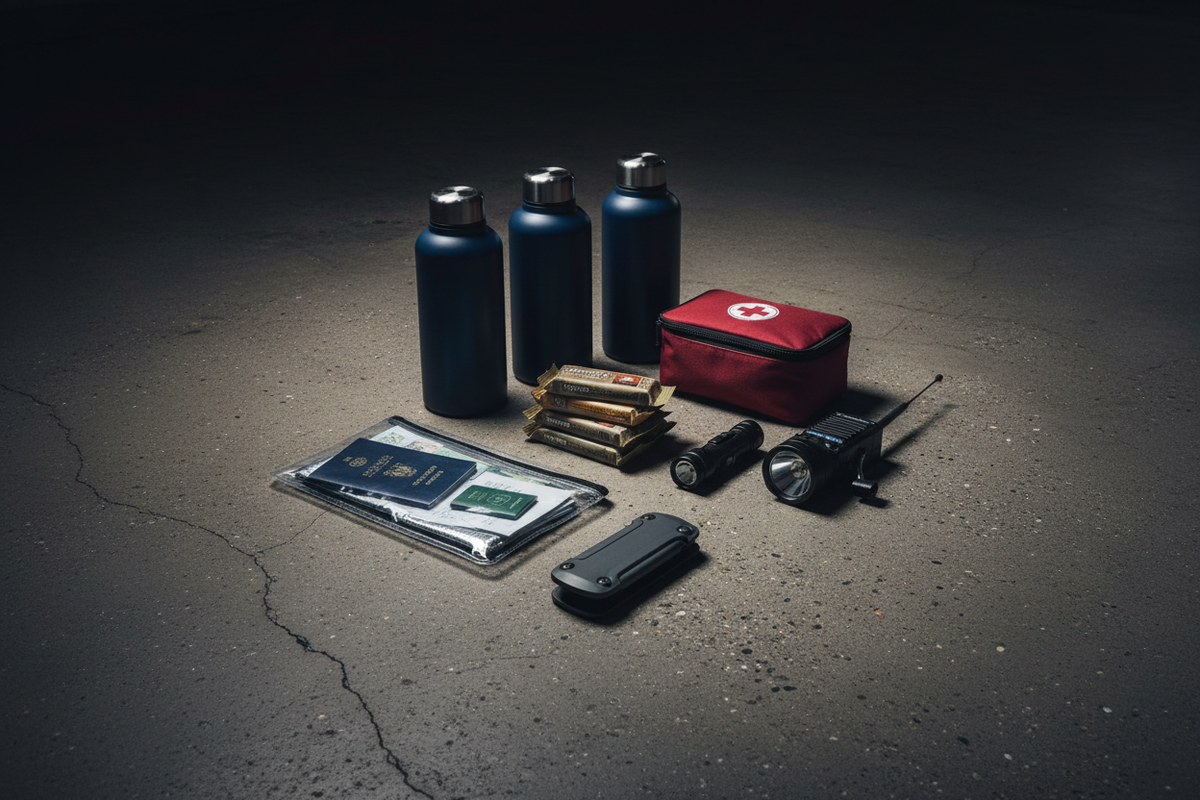 Dark flat lay of a complete 72-hour emergency kit on concrete including water bottles, energy bars, first aid kit, flashlight, radio, and emergency blanket