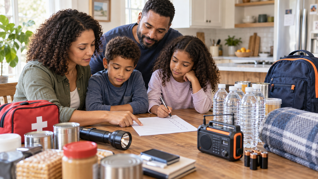 Family creating an emergency preparedness checklist with water, food, first-aid supplies, flashlights, a radio, blankets, and go-bags