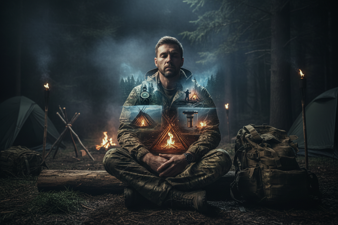 Image of a camper sitting in front of his tent thinking about survival patterns.
