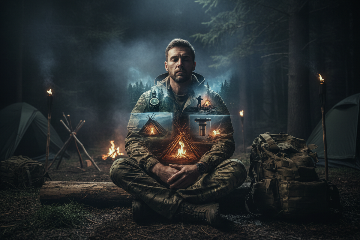 Image of a camper sitting in front of his tent thinking about survival patterns.