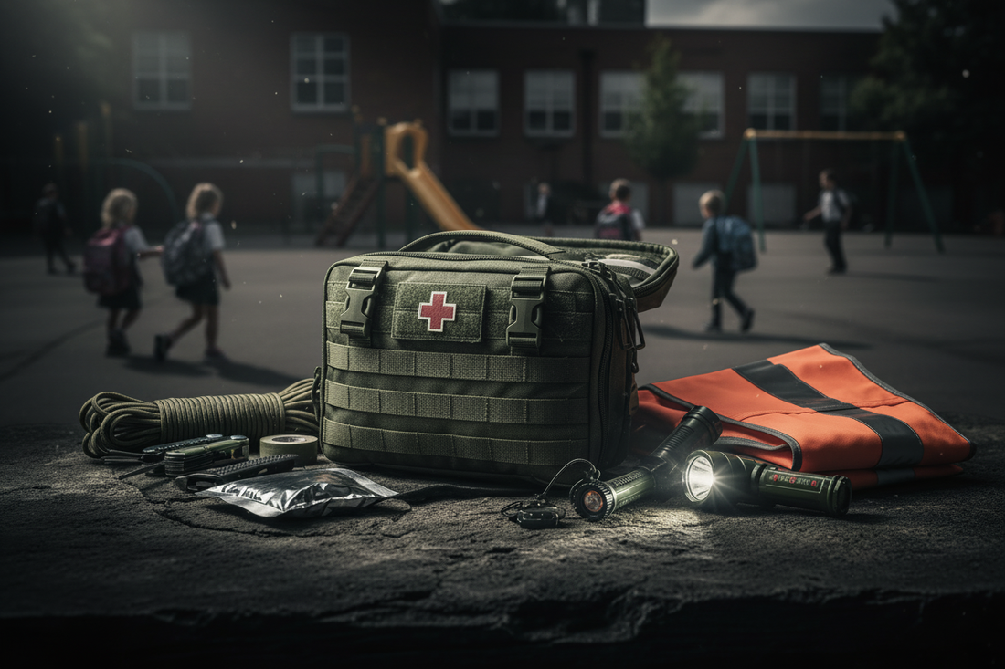 Emergency preparedness supplies displayed in the foreground with children playing in a schoolyard
