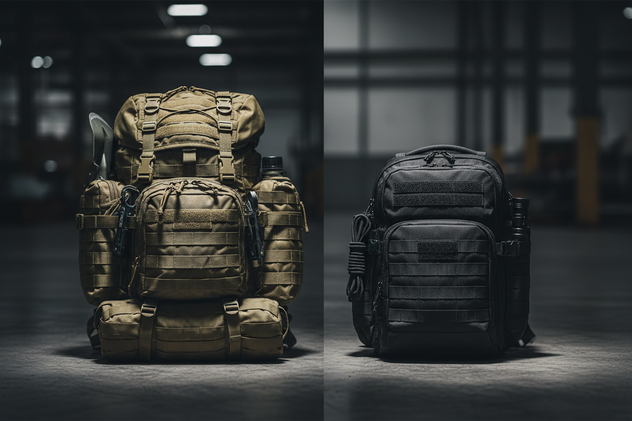 Two tactical backpacks side by side on dark concrete, a large bug-out bag and a smaller compact get-home bag, dramatic moody lighting