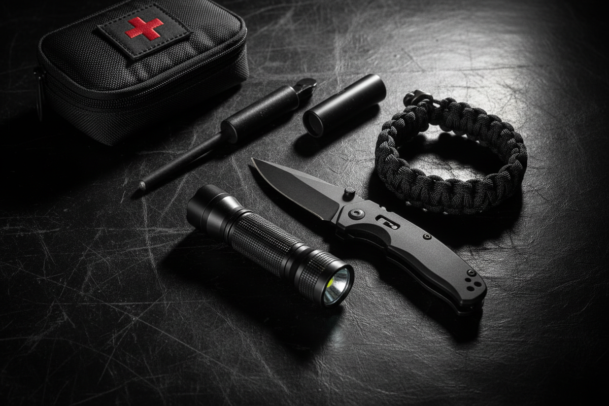 Close-up flat lay of everyday carry EDC essentials on black leather including flashlight, folding knife, paracord bracelet, fire starter, emergency whistle, and compact first aid kit