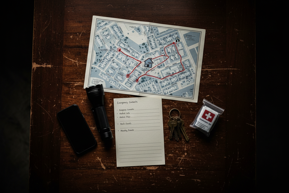 Family emergency plan laid out on dark wood table with evacuation map, emergency contact list, flashlight, phone, and house keys
