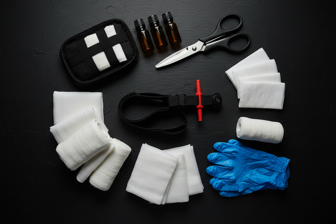 Open trauma and first aid kit on black slate surface with tourniquet, gauze, bandages, trauma shears, antiseptic, and gloves arranged with precision