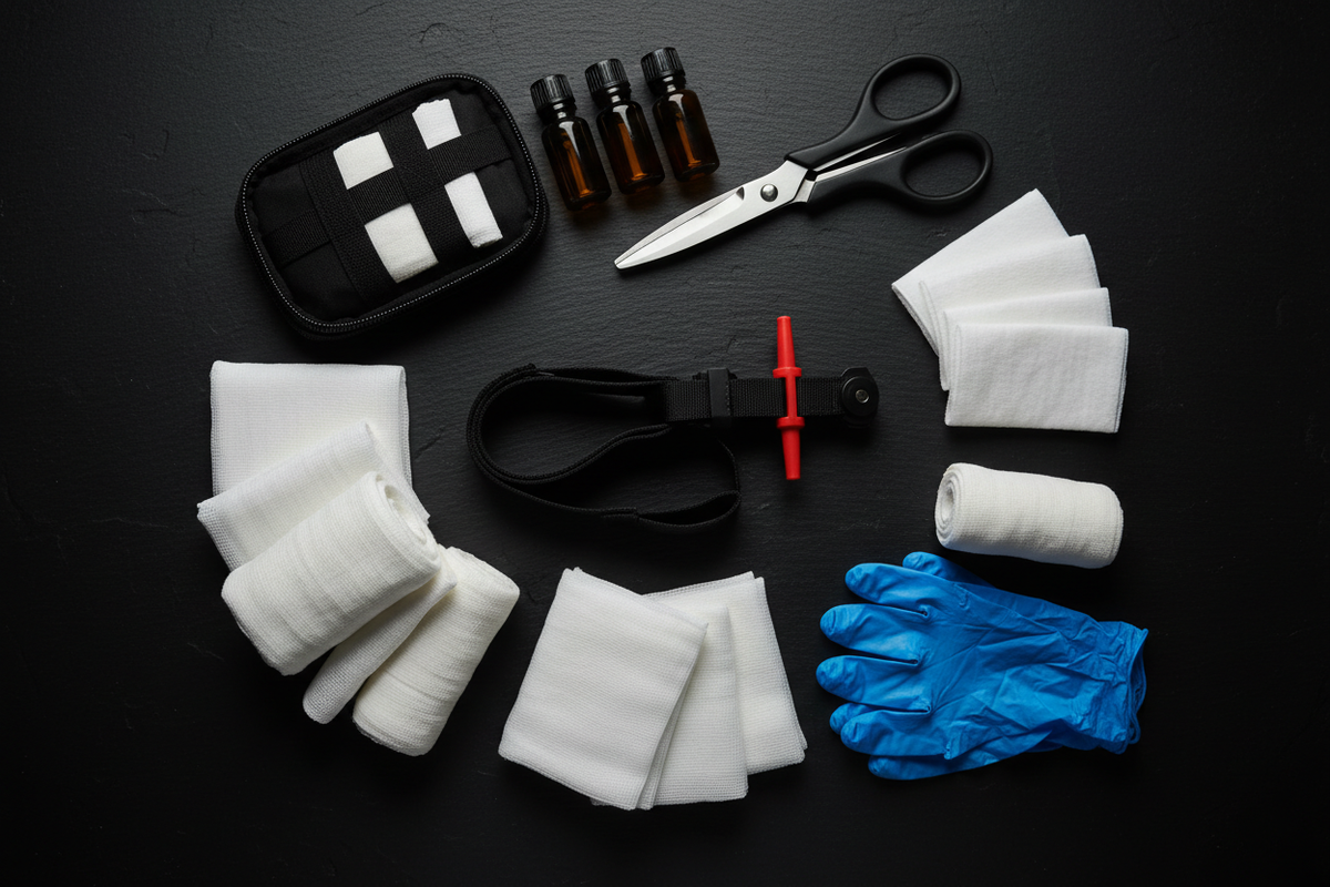 Open trauma and first aid kit on black slate surface with tourniquet, gauze, bandages, trauma shears, antiseptic, and gloves arranged with precision