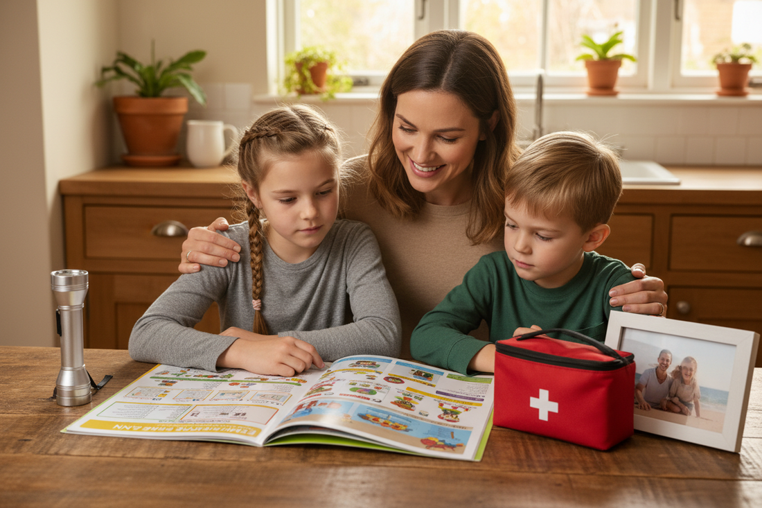 Parent sitting at kitchen table with two young children reviewing a family emergency plan together, with flashlight and emergency kit visible, warm reassuring light