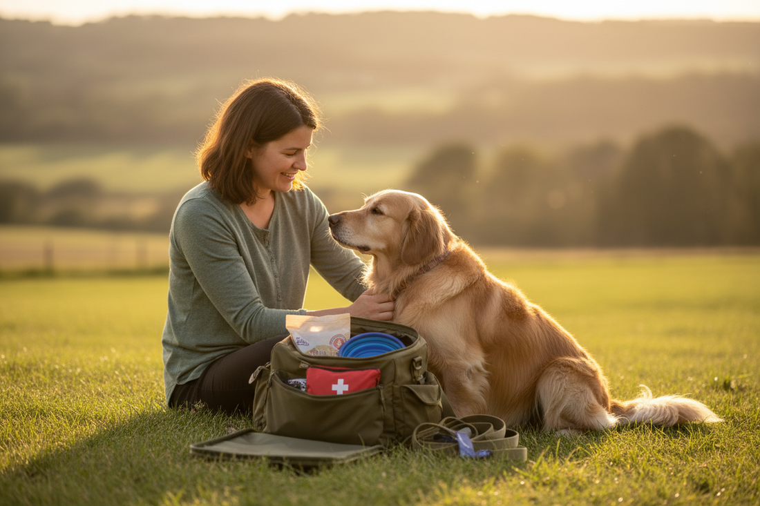 Dog owner and golden retriever sitting outdoors together with an open emergency go-bag containing dog food, water bowl, first aid kit, and leash at golden hour