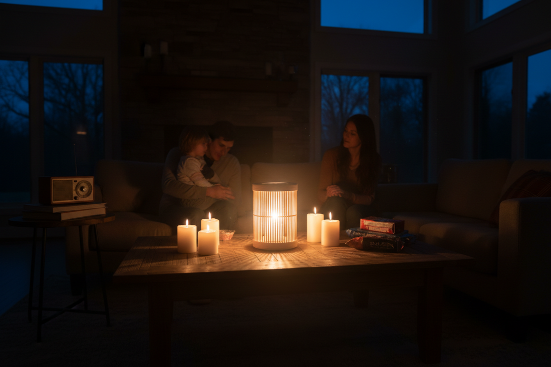 Family in a dark living room lit by a glowing solar lantern on a coffee table during a power outage, warm amber light with emergency supplies nearby