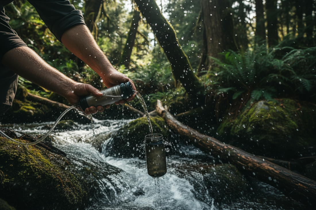  Hands using a portable water filter to purify water from a forest stream, water droplets catching light in a rugged outdoor survival setting