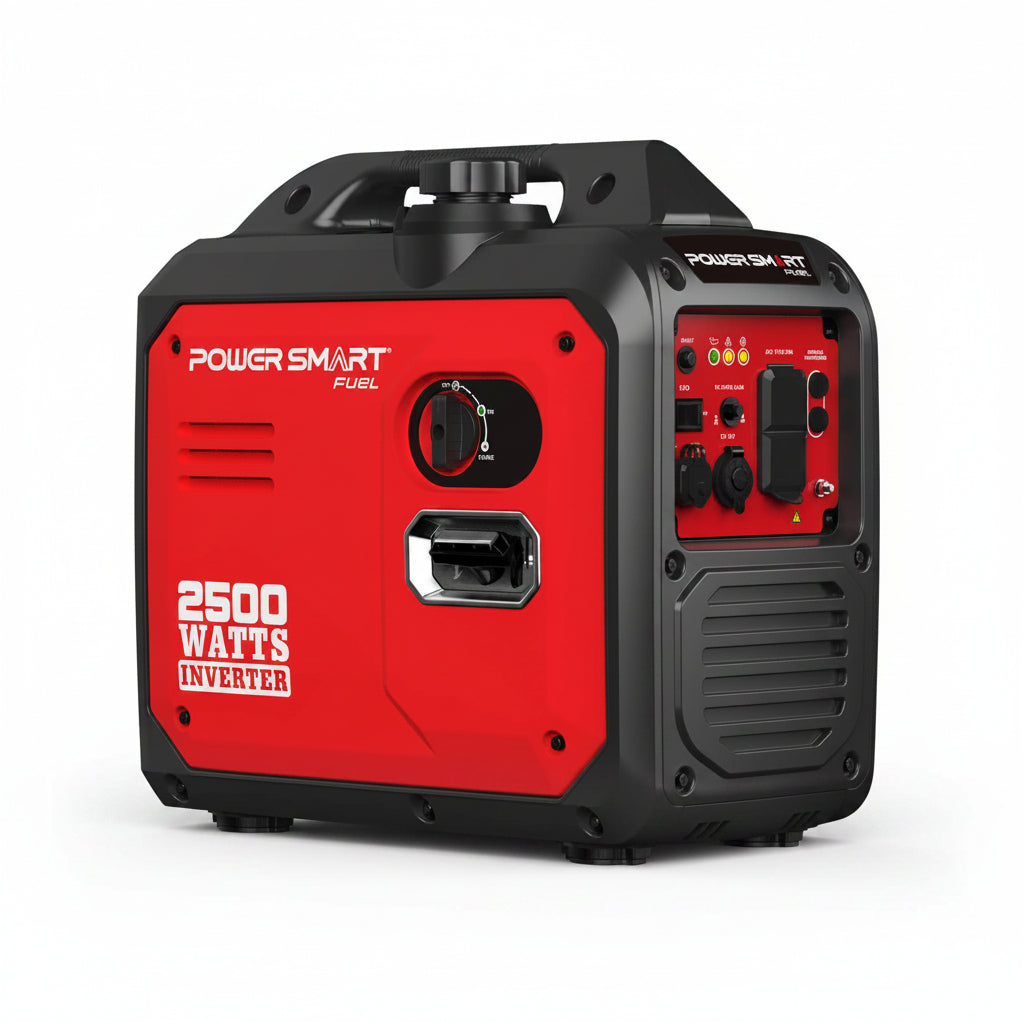 A red and black Power Smart FL240L 2500 Watts Inverter portable generator shown at a three-quarter angle on a white background.