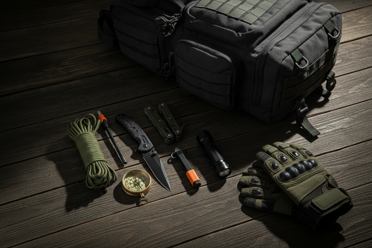 "Survival gear and tools including backpack and gloves for emergency preparedness — New World Orders Survival Essentials"