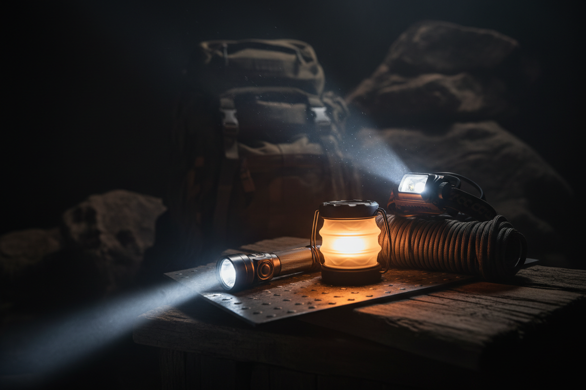 Tactical flashlight, solar lantern, and headlamp arranged on a rugged surface with dramatic amber light cutting through darkness — emergency lighting survival gear