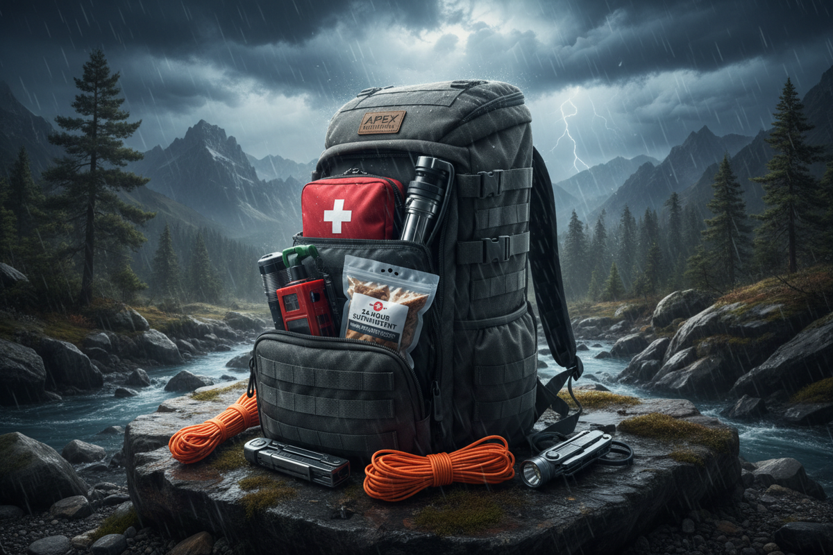 Emergency survival kit with bug-out bag, water filtration, first aid supplies, flashlight, and multi-tool displayed in a rugged wilderness setting