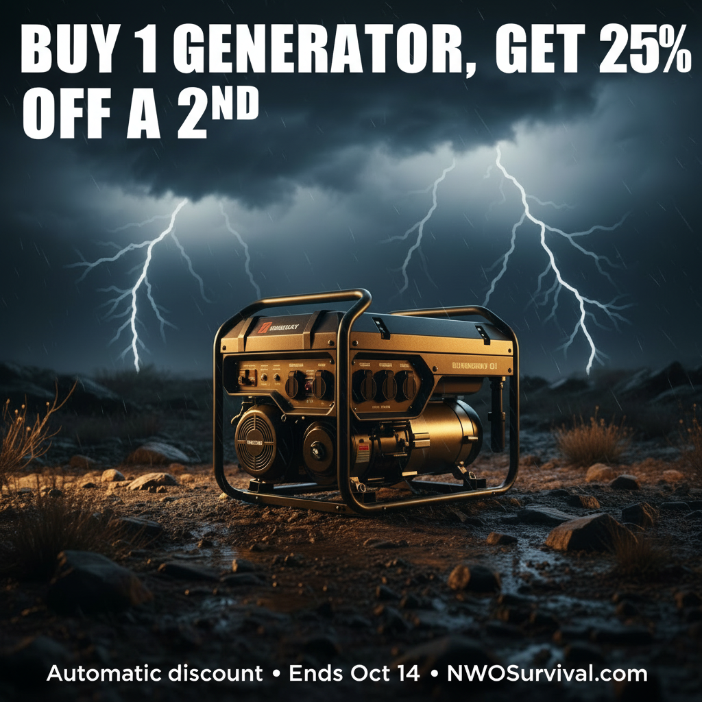 Emergency power generator displayed against a dramatic storm sky. Promotional text reads: Buy 1 Generator, Get 25% Off a 2nd. Automatic discount applied at checkout. Offer ends October 14. Shop at NWOSurvival.com