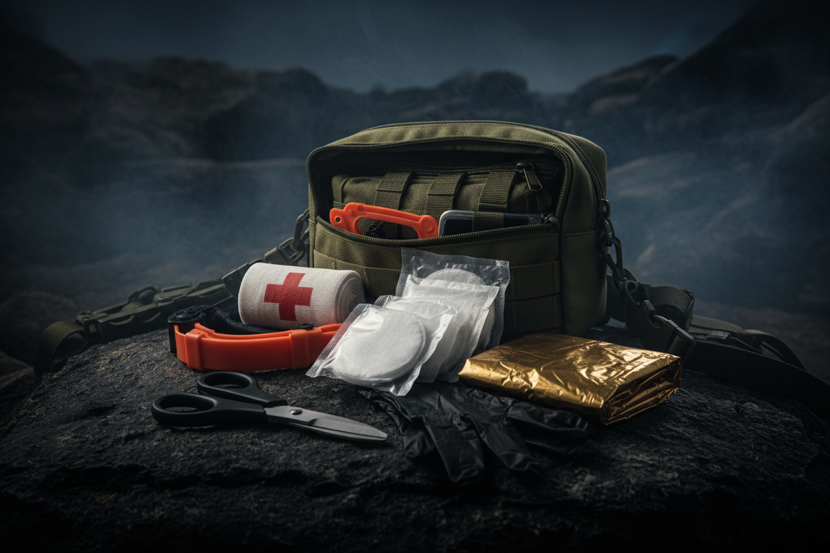 Open tactical first aid kit displaying trauma supplies including tourniquet, gauze, bandages, and emergency gear on a dark rugged surface
