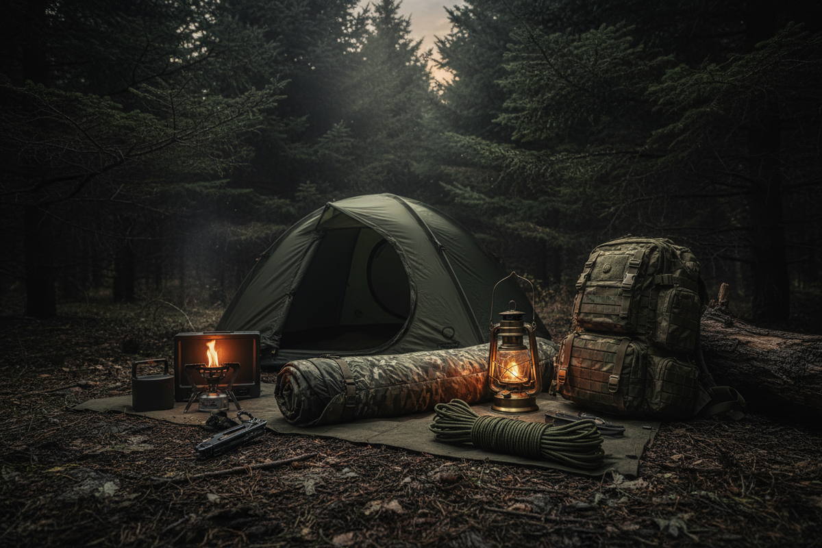 Premium camping equipment and survival gear laid out in a dark cinematic outdoor wilderness setting