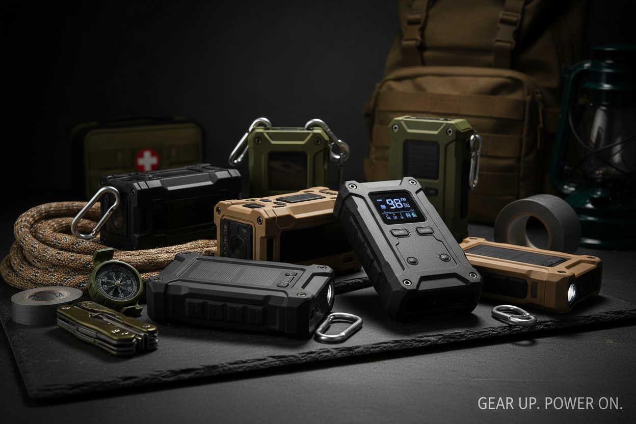 Rugged portable power banks for emergency preparedness and off-grid survival, arranged on a dark tactical surface
