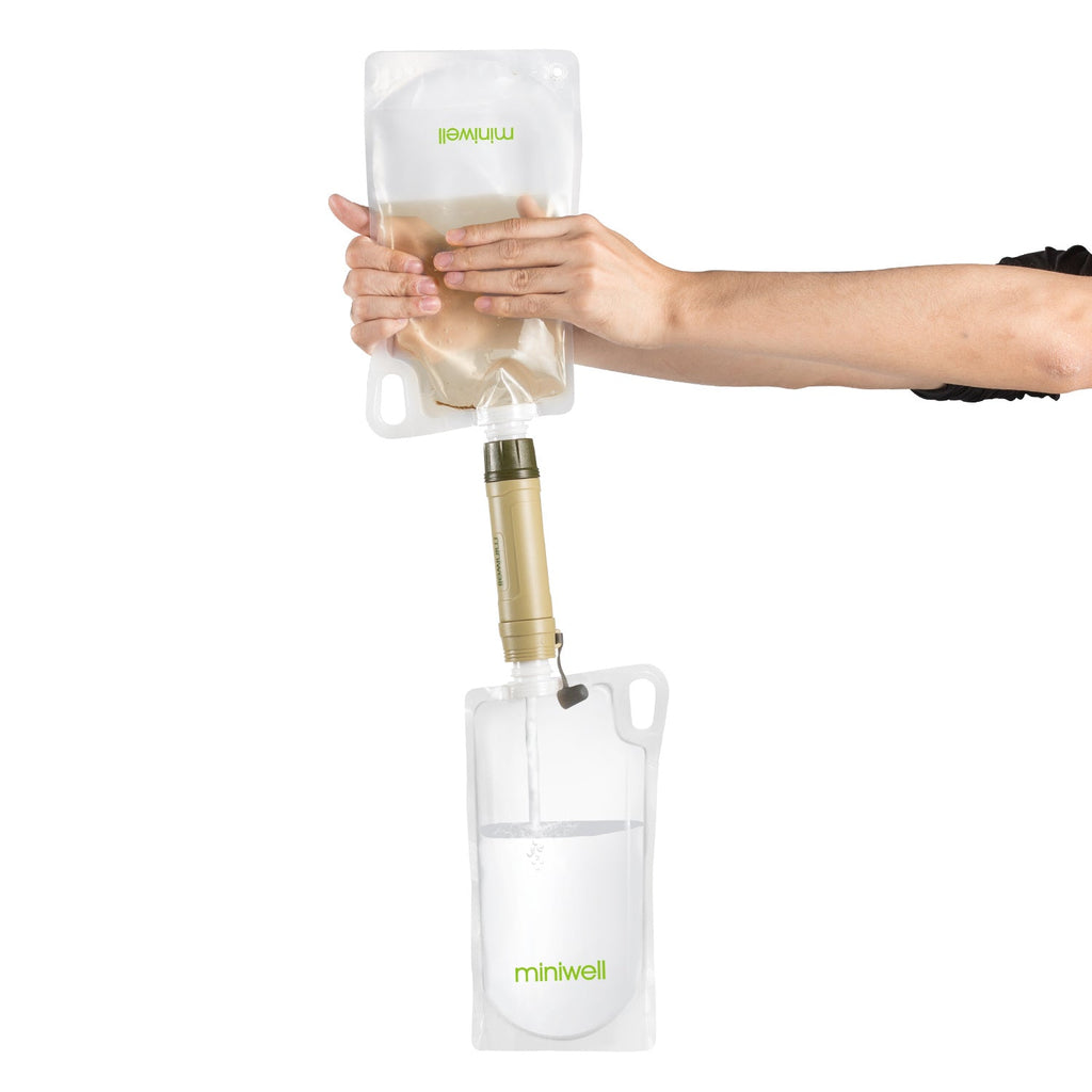 Hand holding a water filtration system with 'minwell' branding on a white background