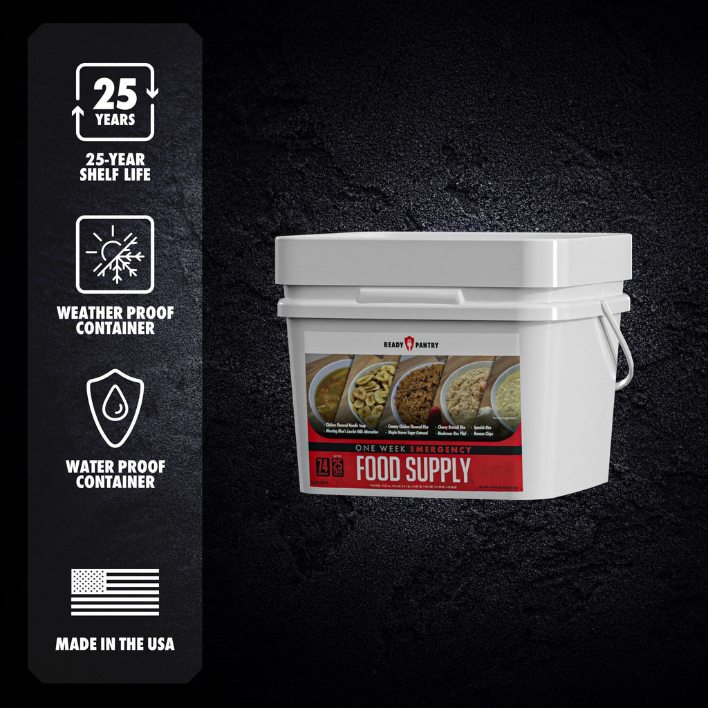 A white plastic bucket labeled 'Ready 2 Feed Food Supply' on a dark textured background, with a vertical feature callout listing 25-year shelf life, weatherproof container, waterproof container, and made in the USA.