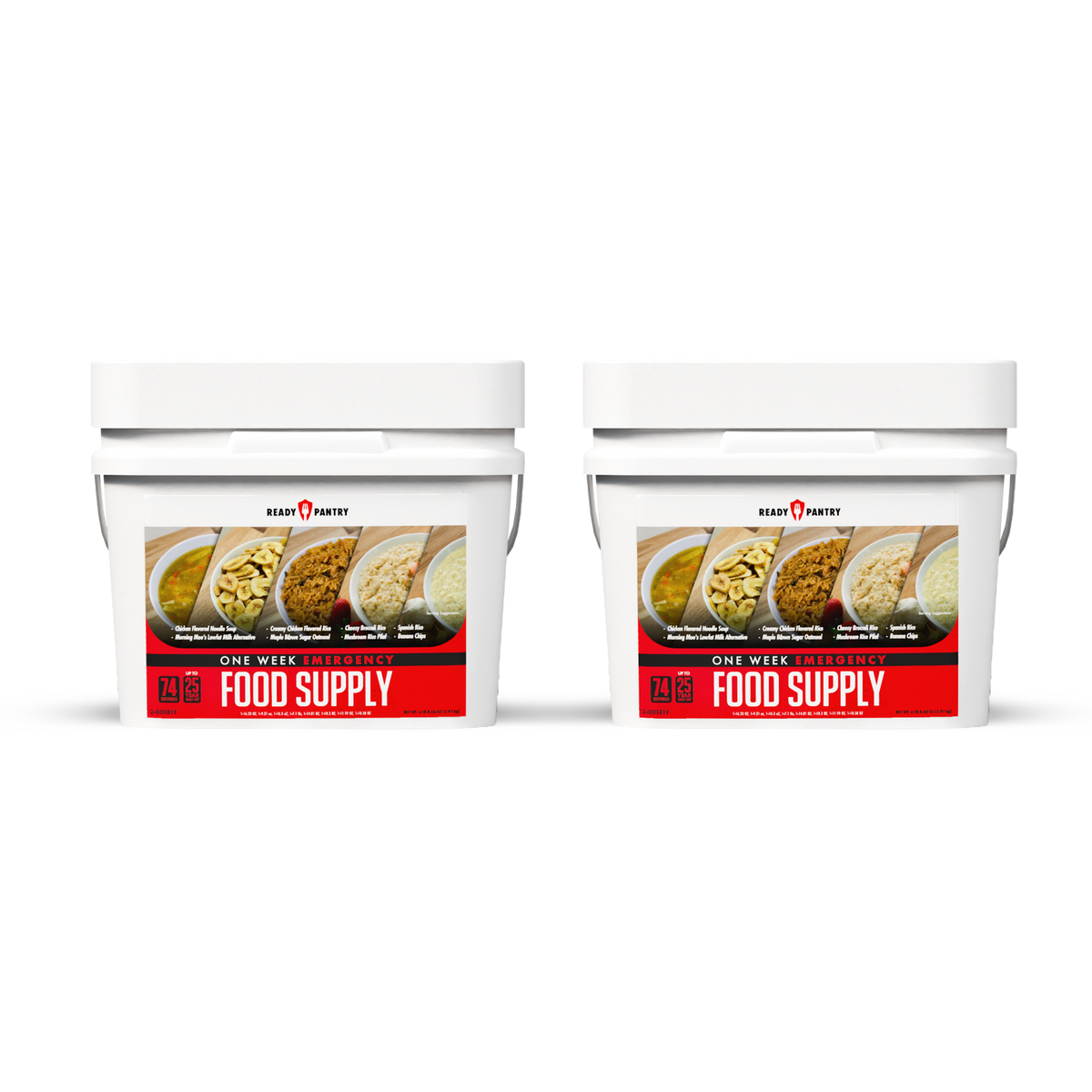 Two white plastic buckets of Ready 1 Hunger One Week Survival Food Supply with white lids, shown side by side on a white background.