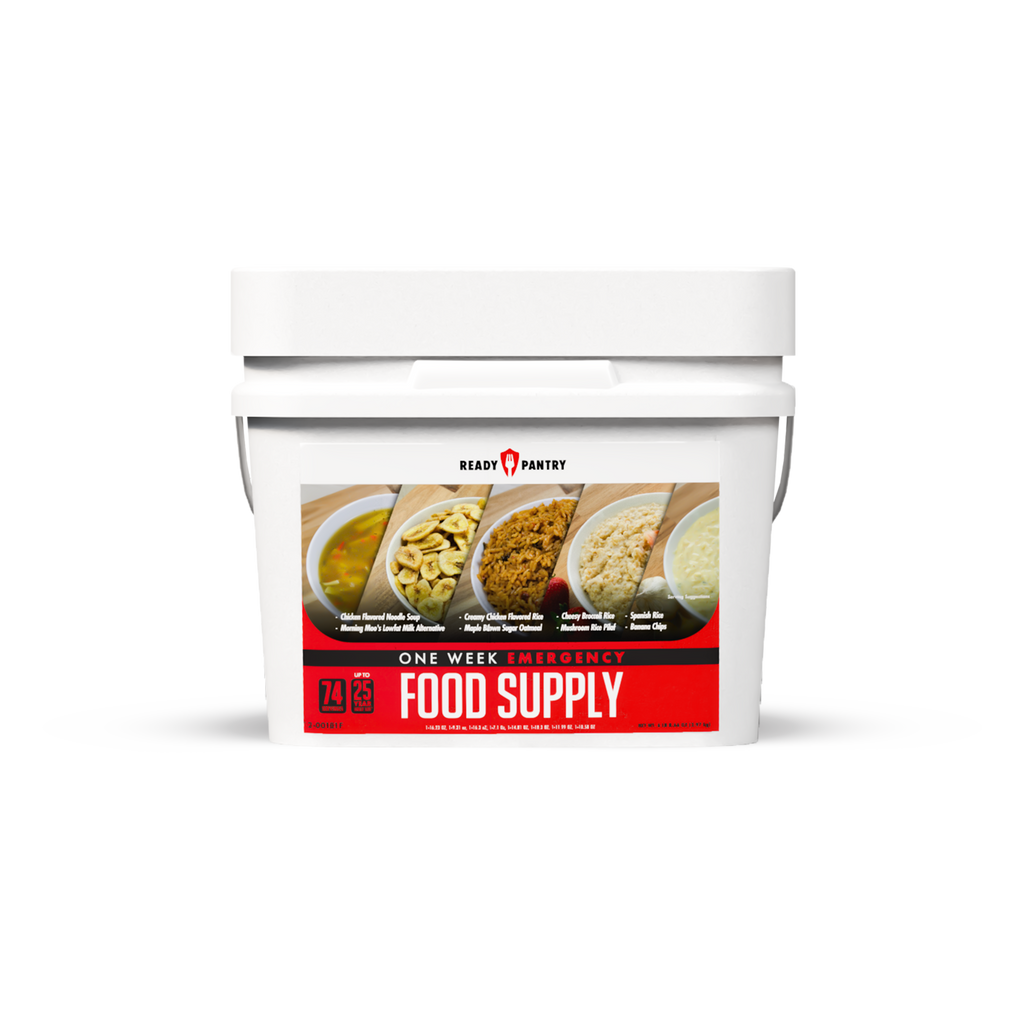 A white plastic bucket of Ready Pantry One Week Emergency Food Supply with a red and white label, shown on a clean white background.