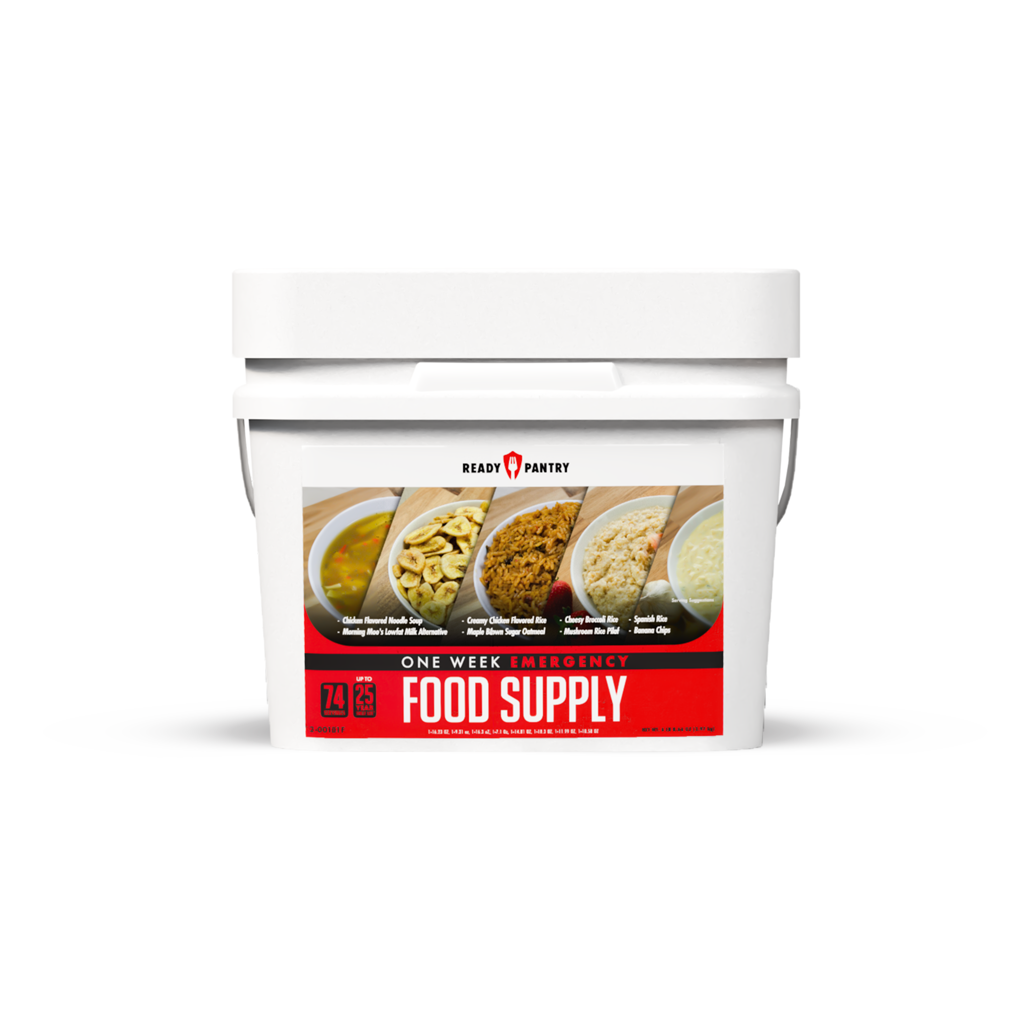 A white plastic bucket of Ready Pantry One Week Emergency Food Supply with a red and white label, shown on a clean white background.
