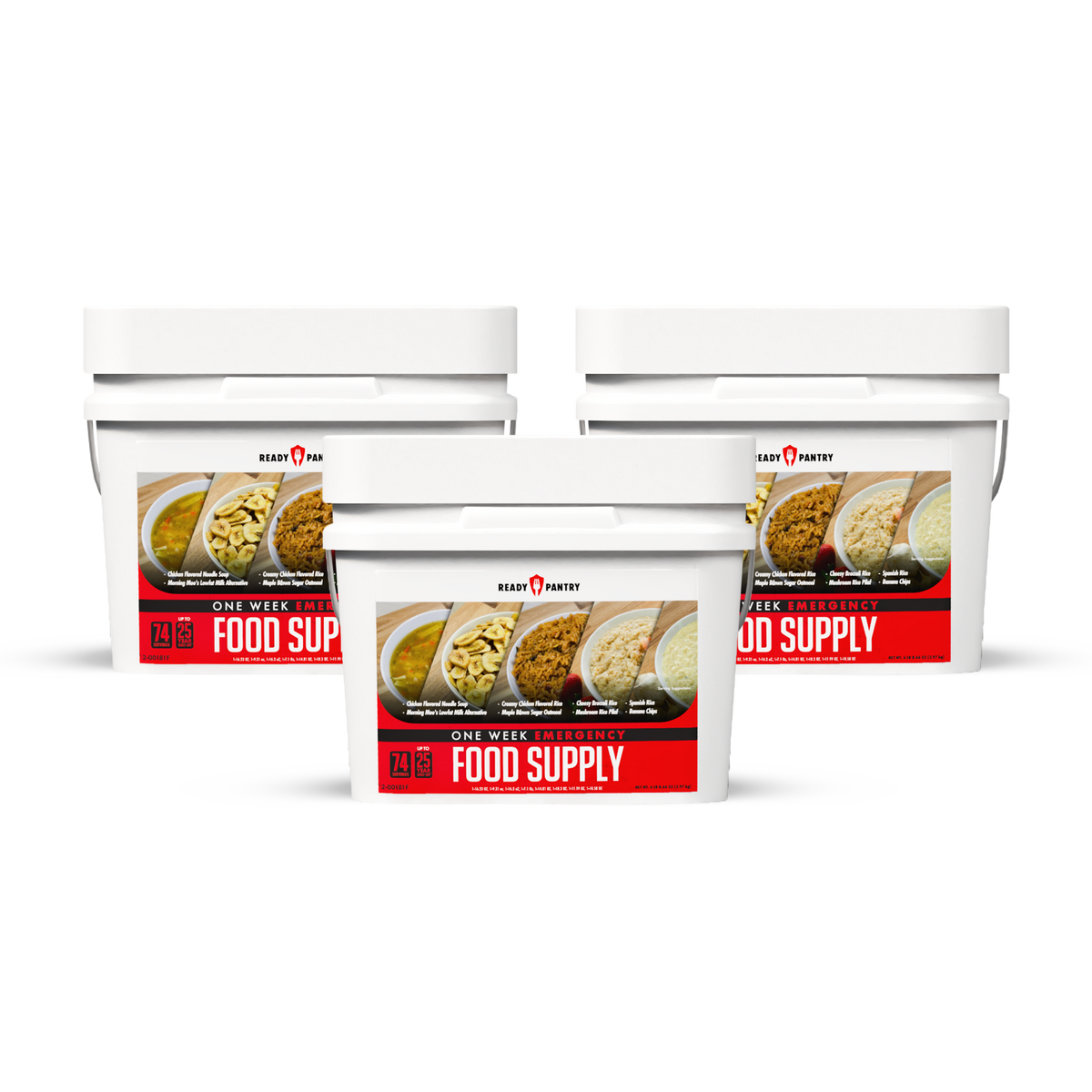 Three white plastic buckets of Kegan Energy One Week Food Supply arranged in a triangular studio composition on a white background.