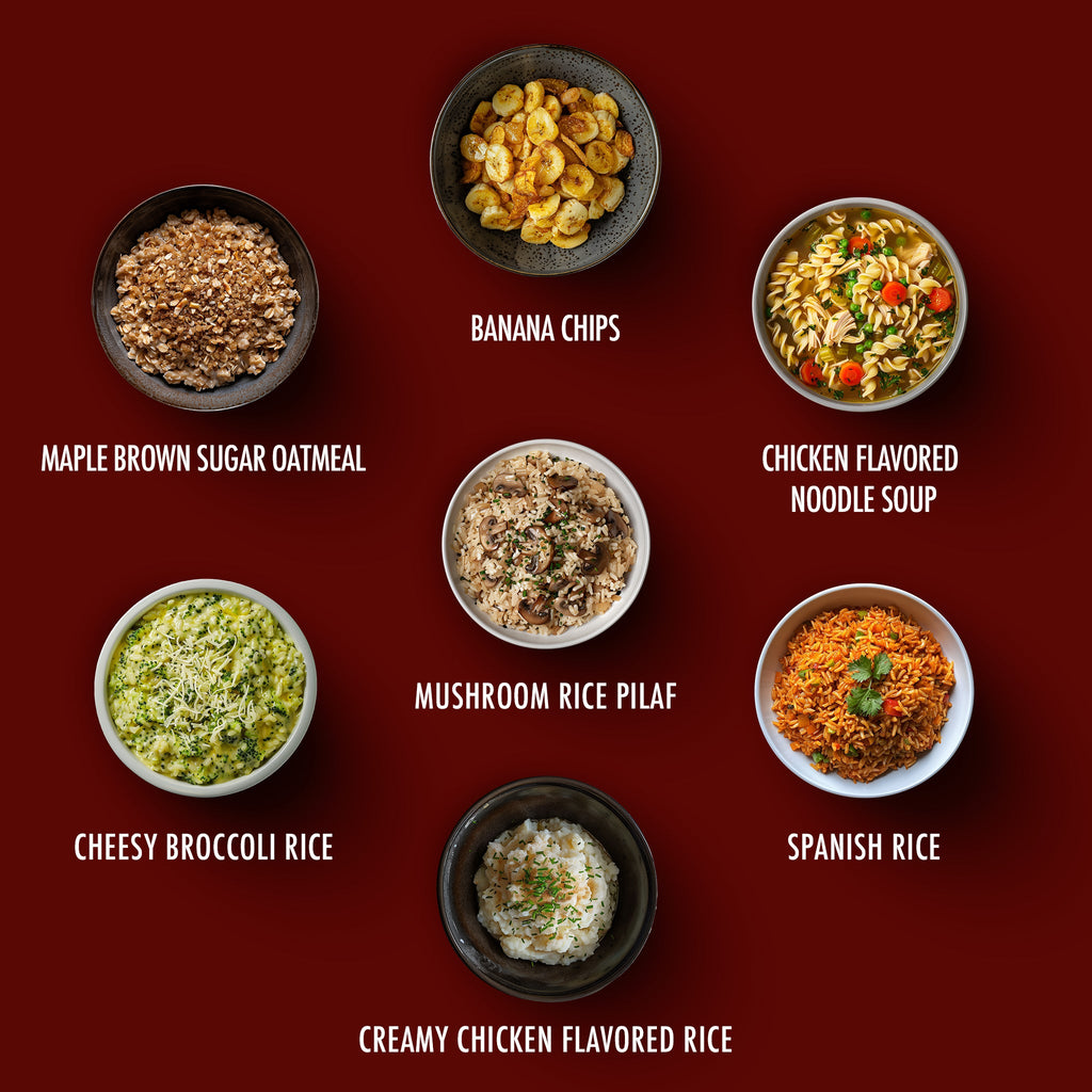 Six bowls of different snack and meal options arranged on a dark red background, with text labels identifying each item: maple brown sugar oatmeal, banana chips, chicken flavored noodle soup, cheesy broccoli rice, mushroom rice pilaf, Spanish rice, and creamy chicken flavored rice.
