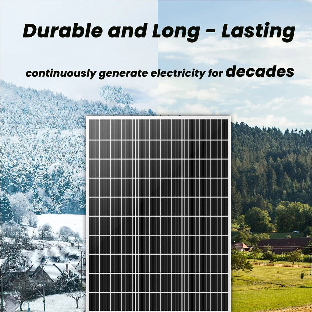 Solar panel with a scenic background of snow-covered and green landscapes.