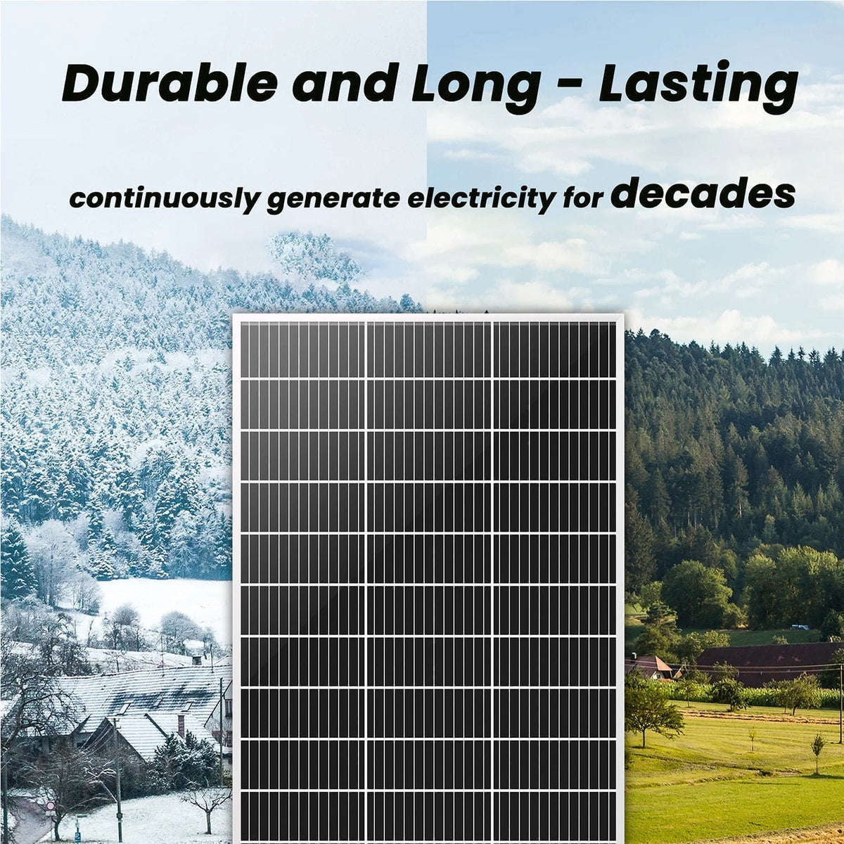 Solar panel with a scenic background of snow-covered and green landscapes.