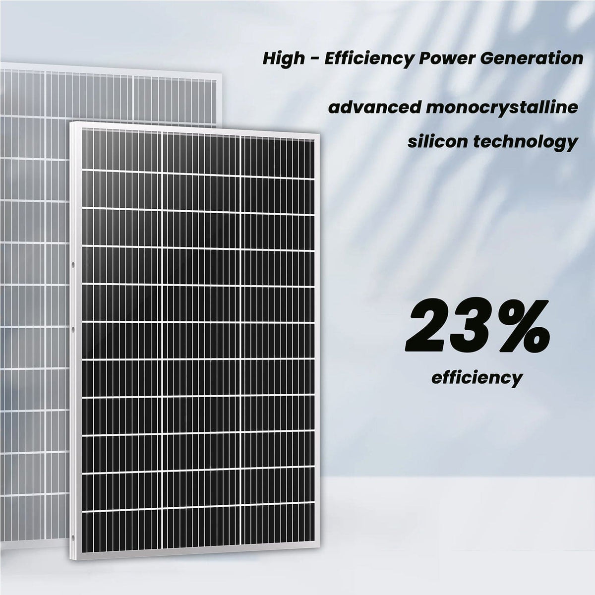 Solar panel with text highlighting high-efficiency power generation and advanced monocrystalline silicon technology.