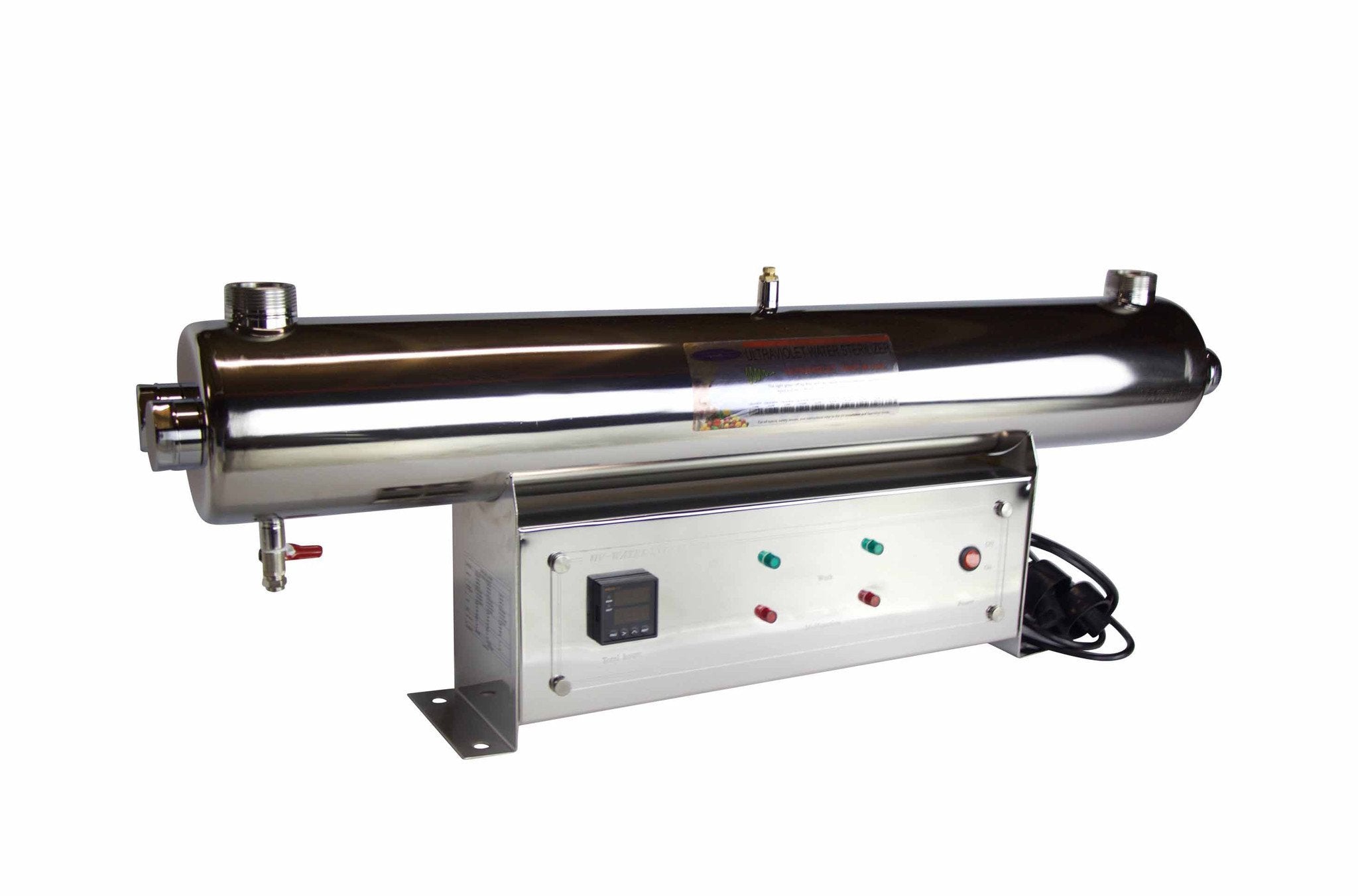 Stainless steel cylindrical water treatment unit on a white background
