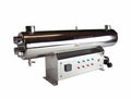 Stainless steel water treatment system with control panel on a white background