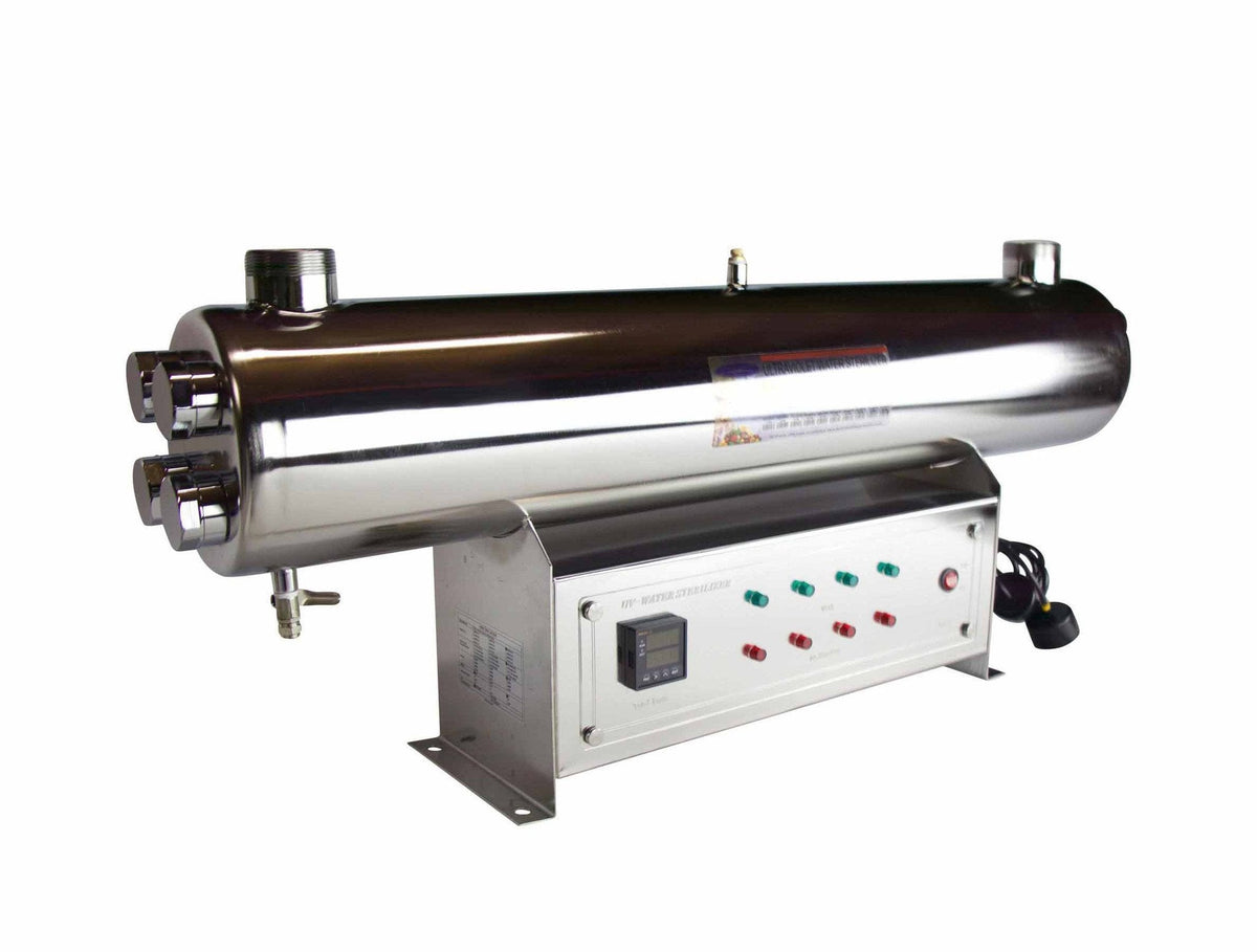 Stainless steel water treatment system with control panel on a white background