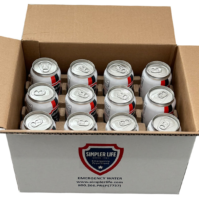 Case of 12 emergency drinking-water cans for disaster preparedness