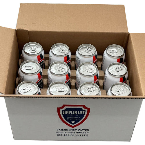 Case of 12 emergency drinking-water cans for disaster preparedness