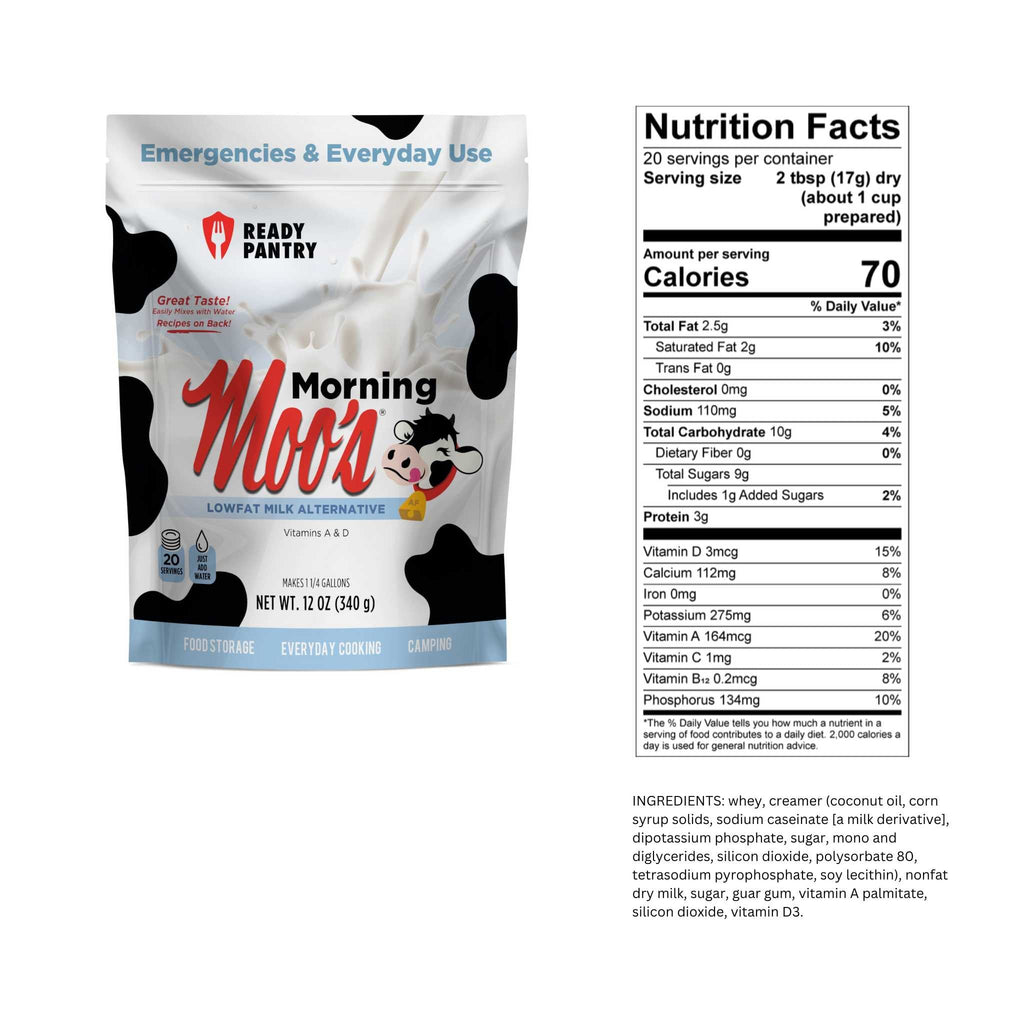 Ready Pantry Morning Moo! Low Fat Non Dairy dry milk powder pouch shown next to its printed Nutrition Facts label on a white background.