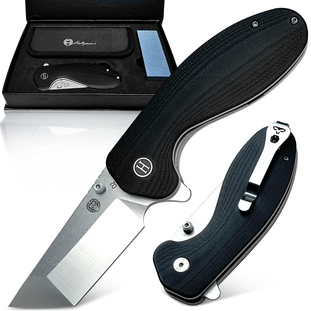Folding knife with black handle and silver blade, open and closed, on a white background.
