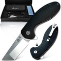 Folding knife with black handle and silver blade, open and closed, on a white background.