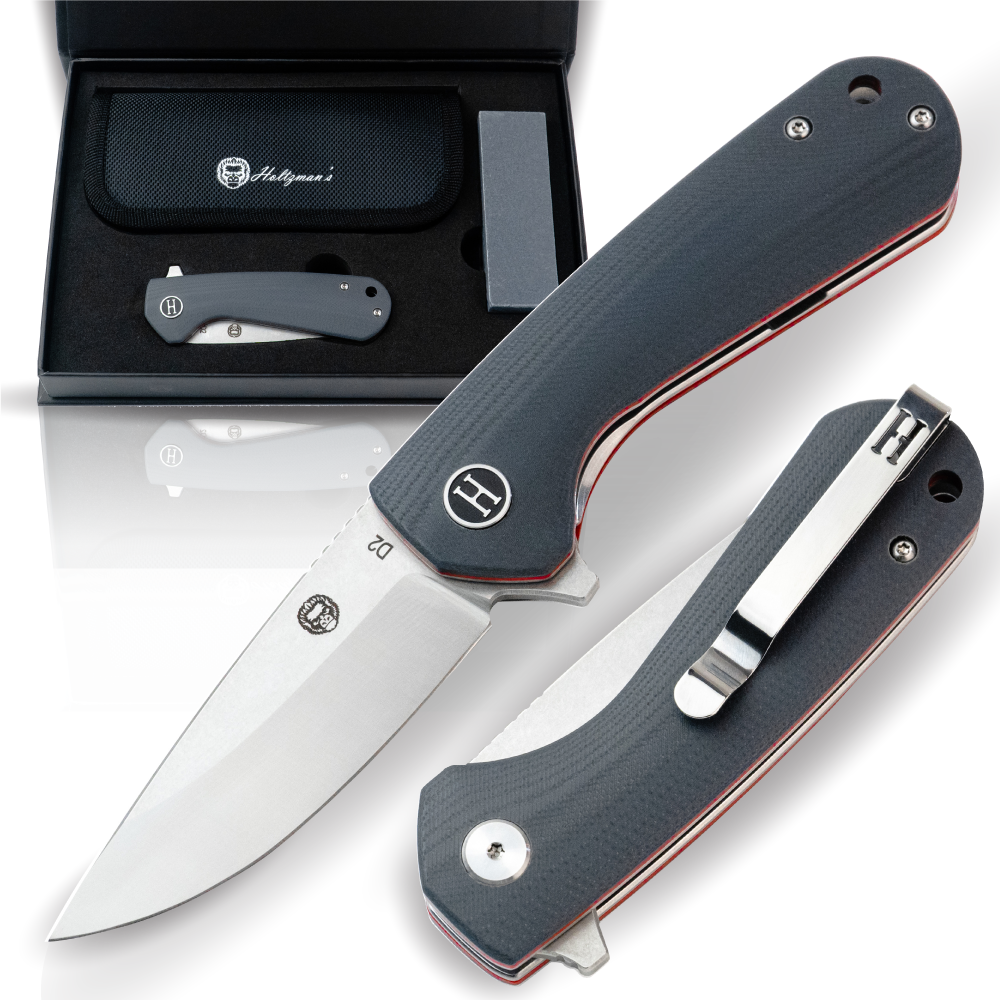 Folding knife with black handle and silver blade, open and closed, on a white background.