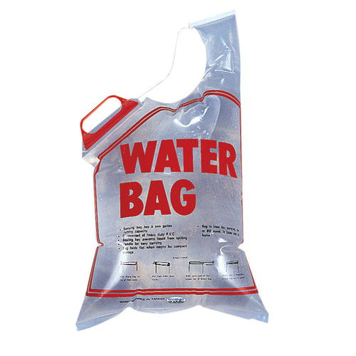 Clear water bag with red text and handle on a white background