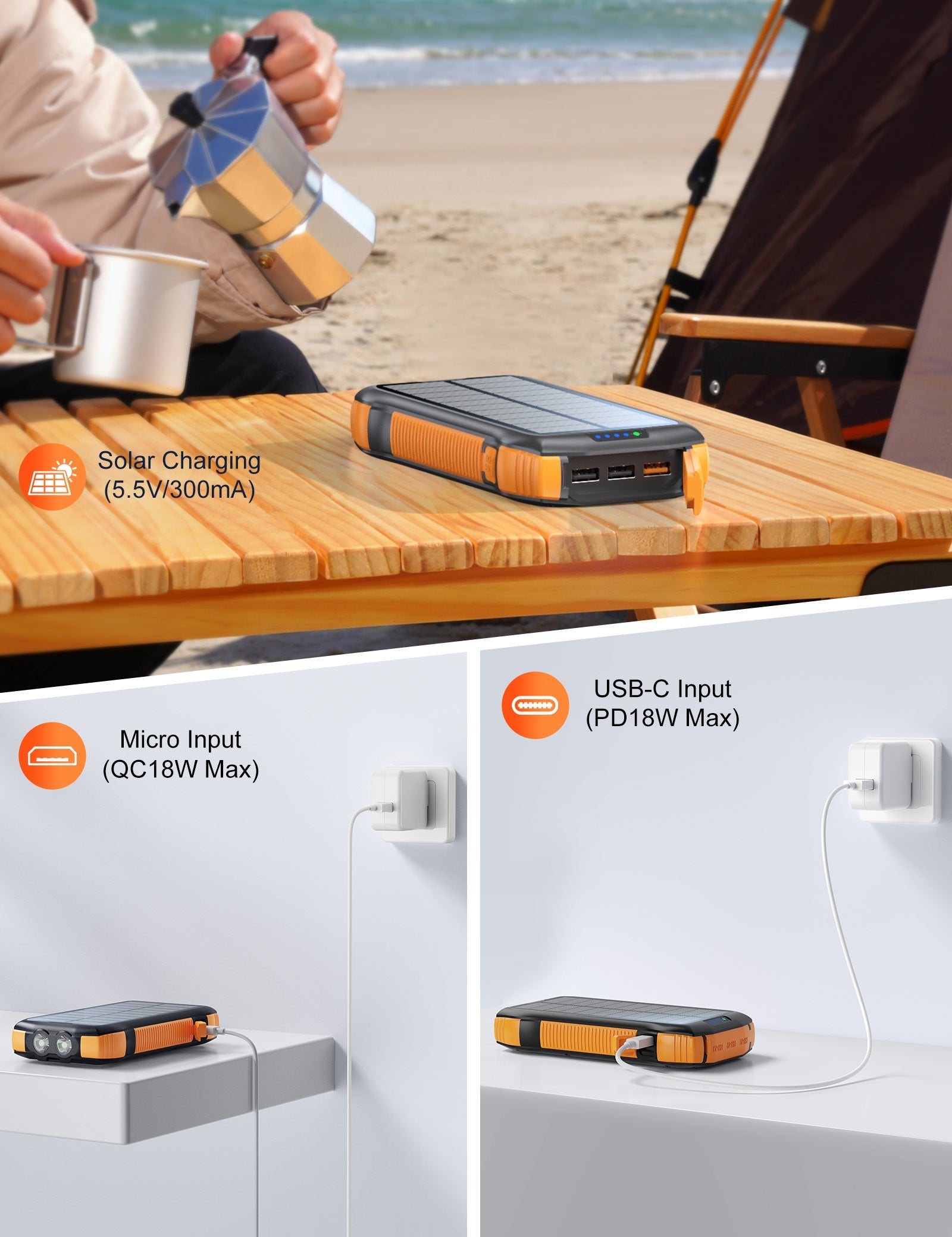 Portable power bank on a table with solar and USB inputs, beach setting.