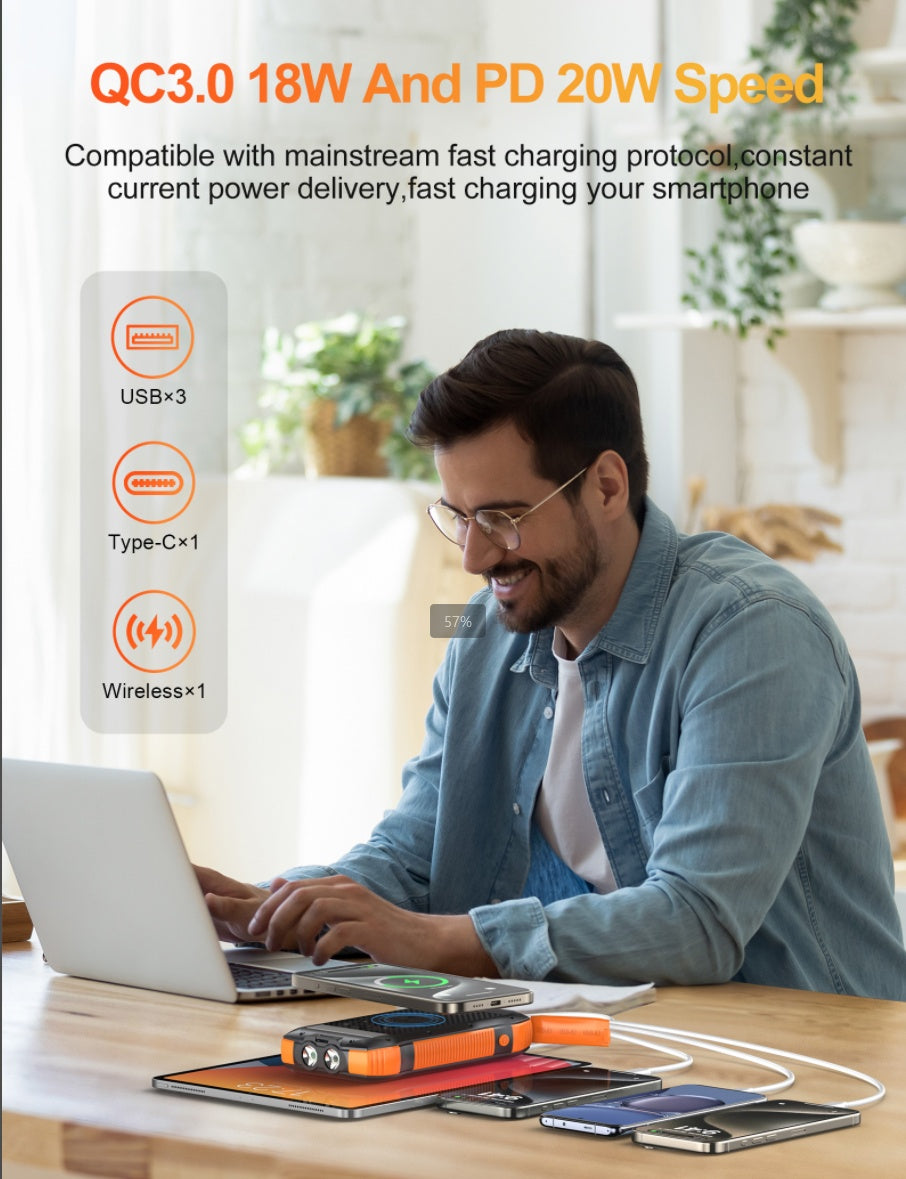Man using a laptop with multiple devices on a table, featuring QC3.0 and PD charging technology.