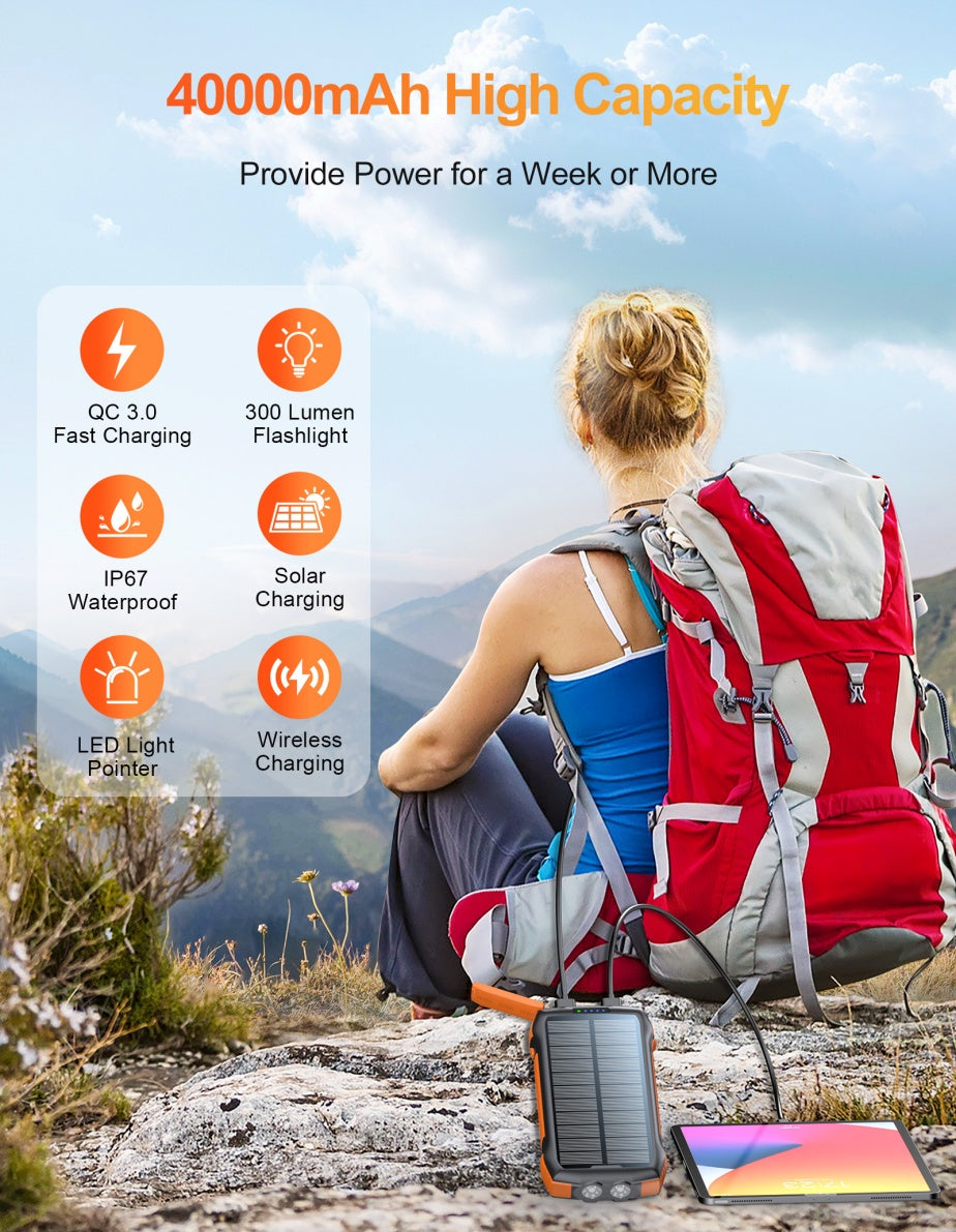 Person with a red backpack sitting on a rock with a solar charger, surrounded by mountains.