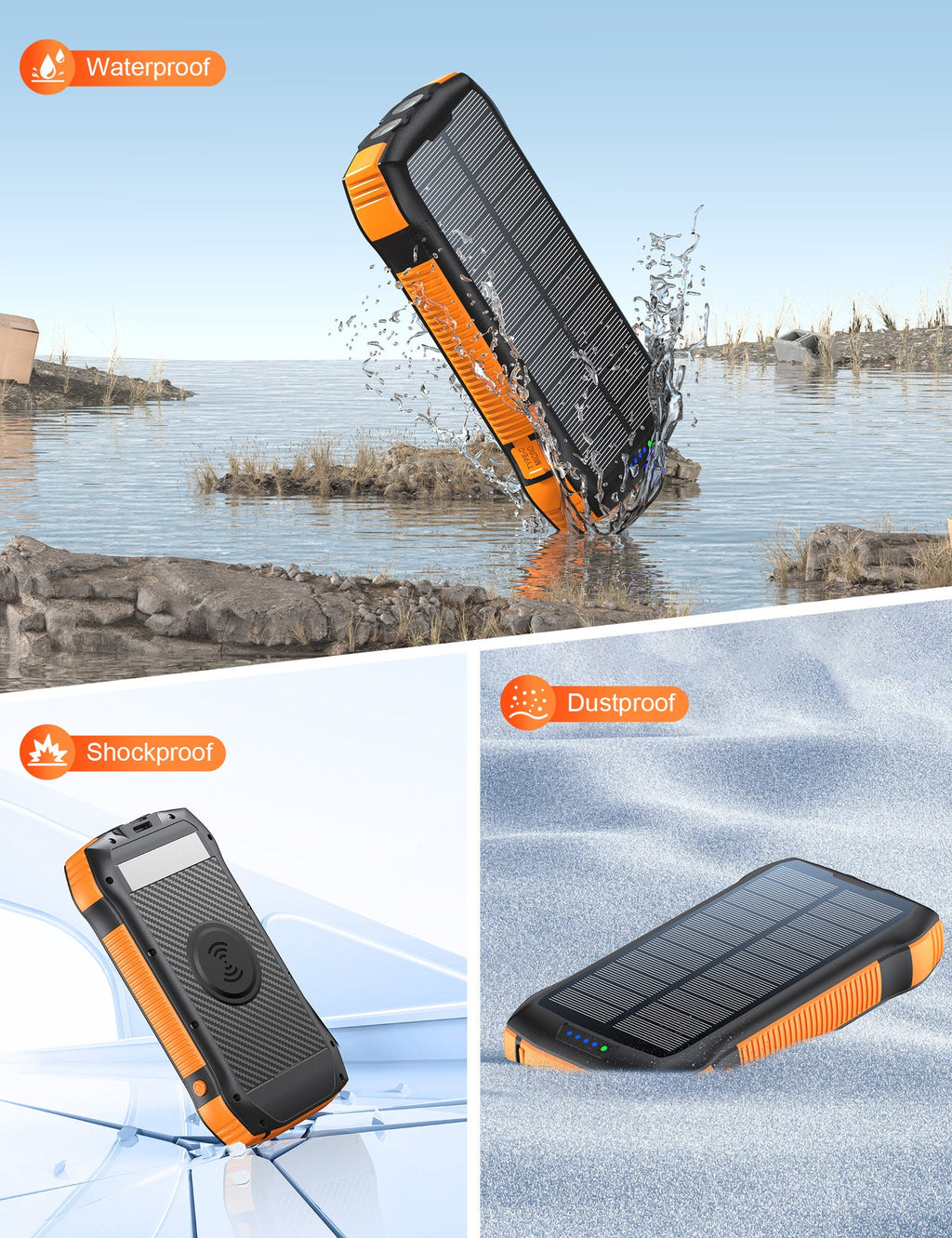 Solar power bank being shown as waterproof, shockproof, and dustproof with a coastal background.