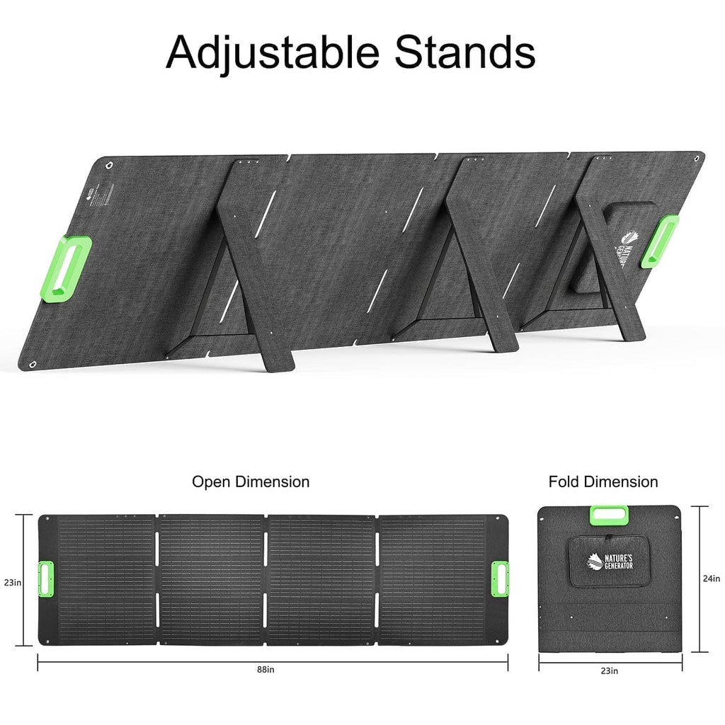 Folding stand with adjustable stands on a white background, showing open and fold dimensions.