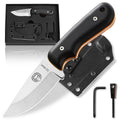 A fixed-blade knife with a textured black handle and orange accent line, shown open with its black sheath, included in a black presentation box, plus an Allen wrench and a small knife accessory on a white background.