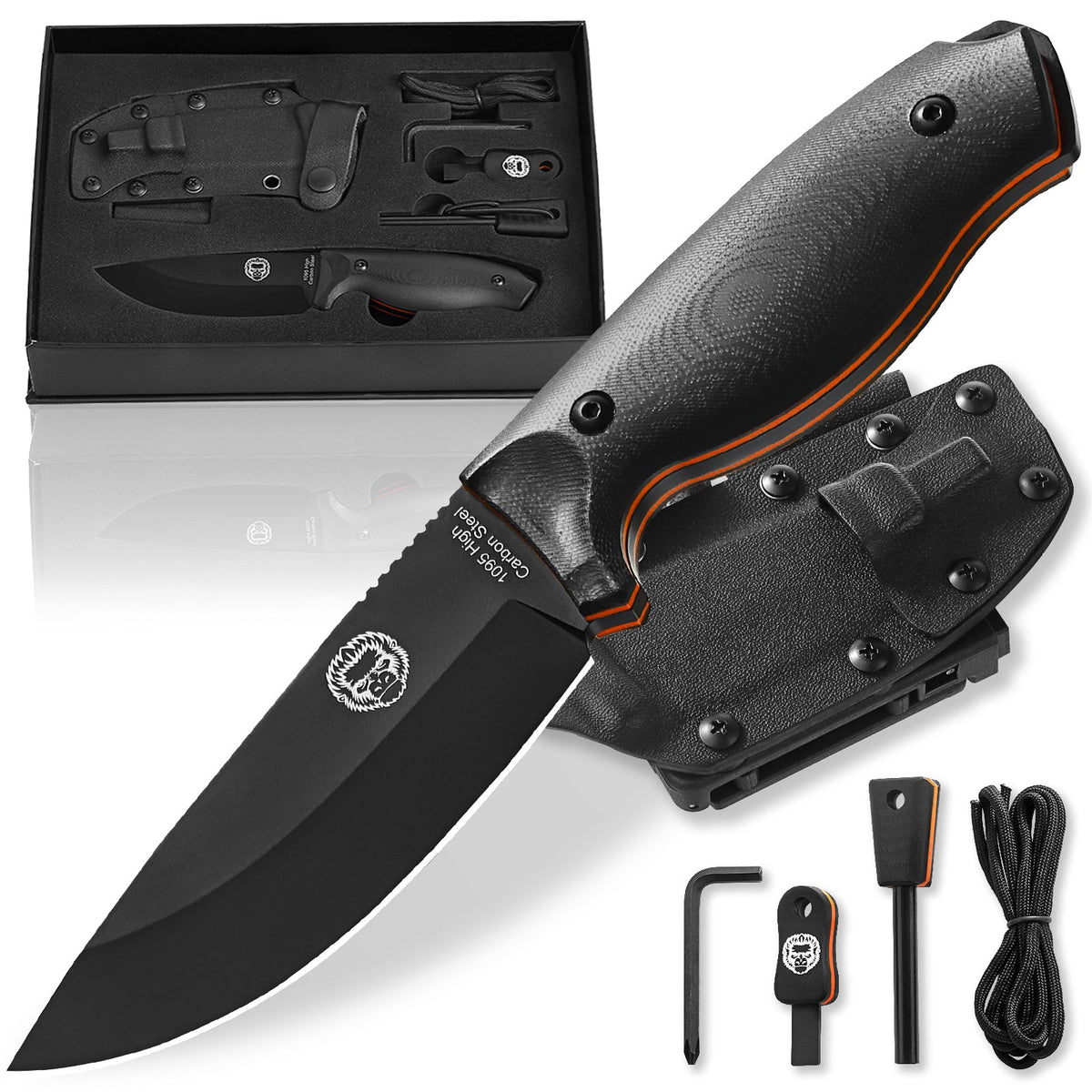 Folding knife with sheath, tools, and fire starter on a white background