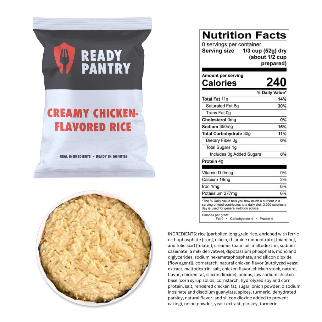 A bag of Ready Pantry Creamy Chicken-Flavored Rice shown next to its printed Nutrition Facts label and ingredients list on a plain white background.